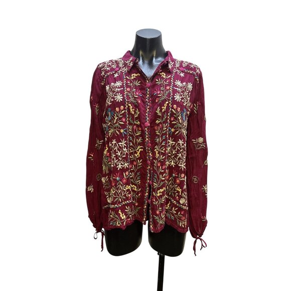 Johnny Was Burgundy Floral Embroidered Button-Up Blouse Size S - Picture 1 of 8